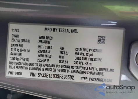 2025 Tesla Model 3 Long Range All-Wheel Drive from USA, damaged, VIN 5YJ3E1EB3SF898502